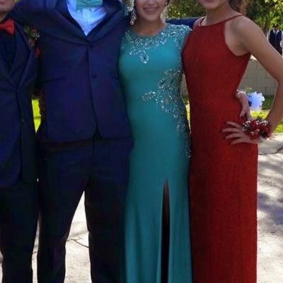 Red beaded midi formal dress with slit in the back - Picture 7 of 10